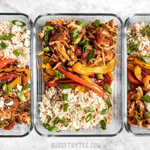 Three Salsa Chicken Meal Prep Containers in a row