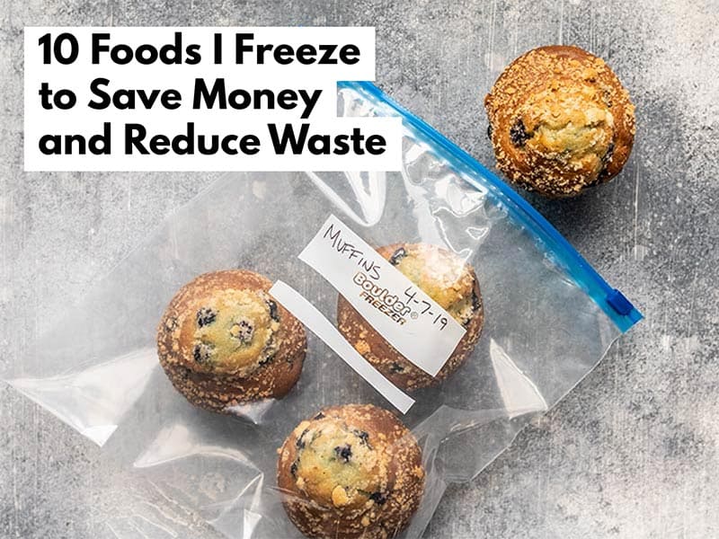Blueberry muffins in a freezer bag with article title text overlay.
