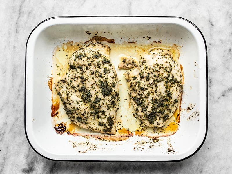 Baked Garlic Herb Chicken Breasts in baking dish