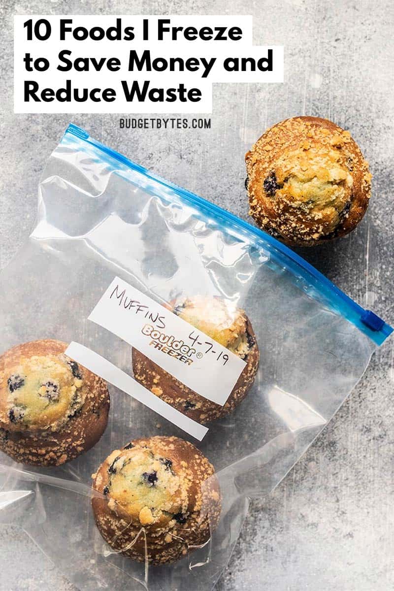 Blueberry muffins in a freezer bag with title text overlay