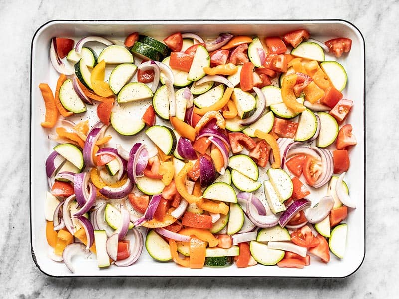 Vegetables Ready to Roast on sheet pan