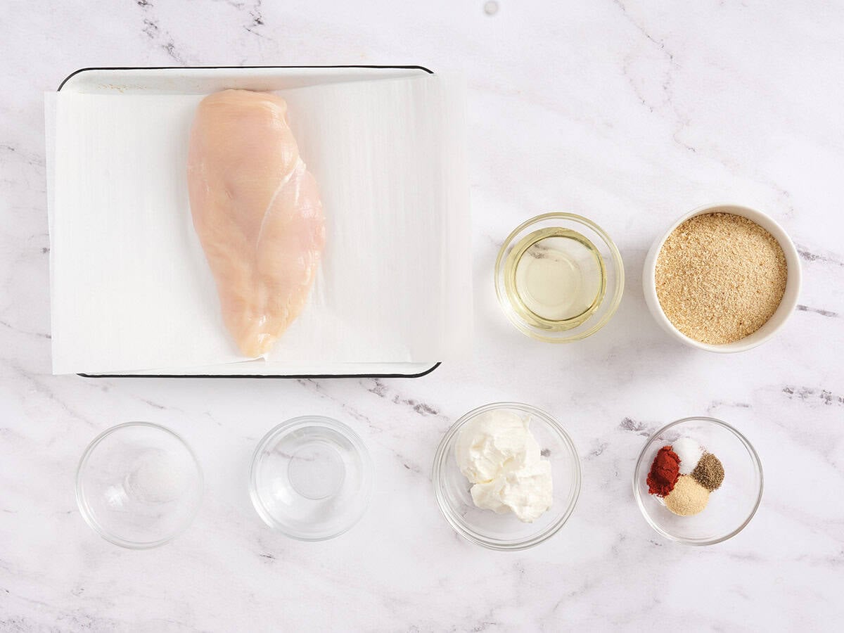 The ingredients to make homemade chicken nuggets.