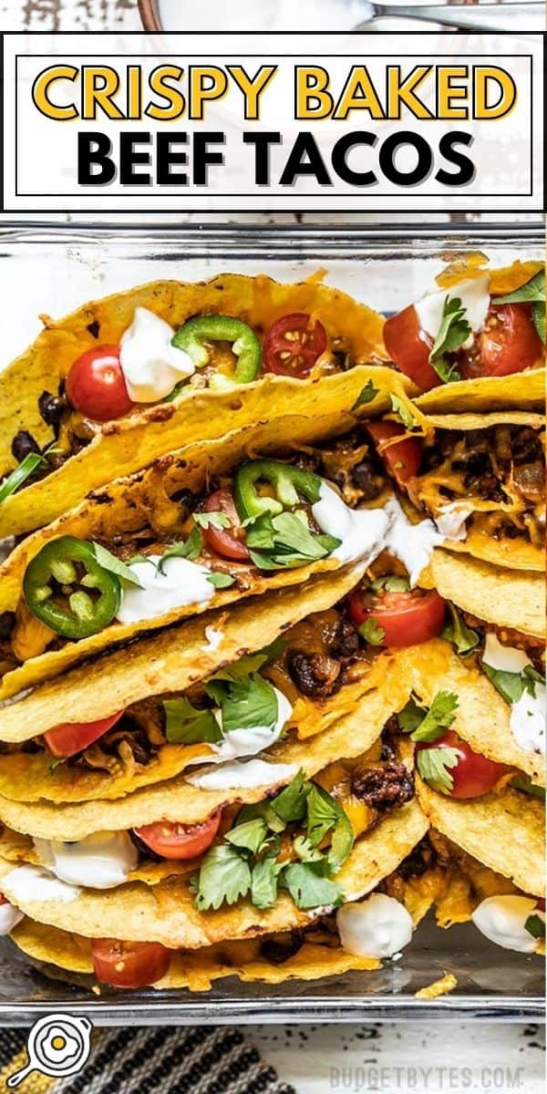 Close up overhead view of a baking dish full of tacos.