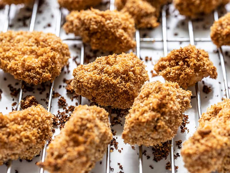 Close up of Baked Chicken Nuggets on the wire cooling rack.