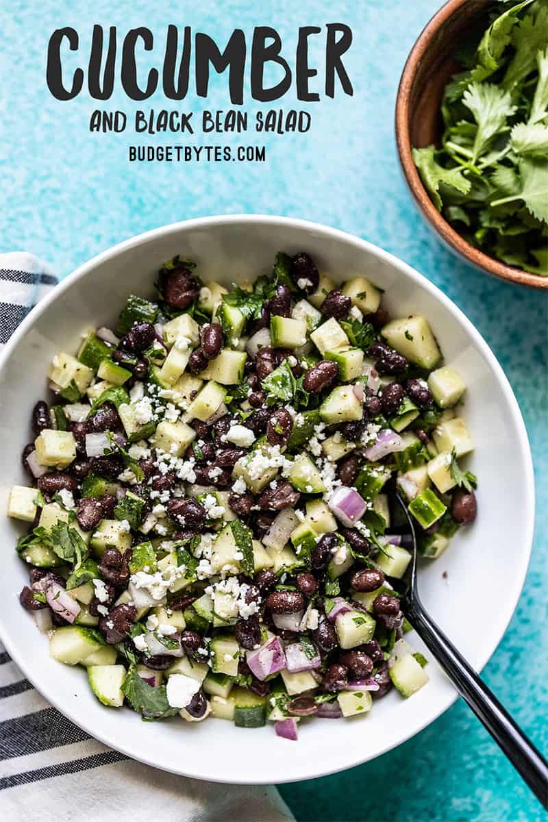 Cucumber and black bean salad in a bowl with a small wooden bowl of cilantro on the side