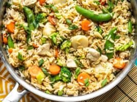 Close up of One Pot Teriyaki Chicken and Rice in the skillet.