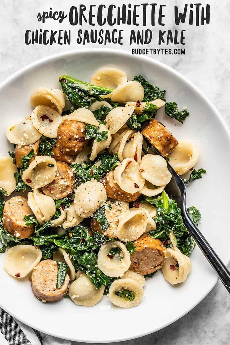 Close up of a shallow bowl full of Spicy Orecchiette with Chicken Sausage and Kale, and a black fork. Title text overlay at top.