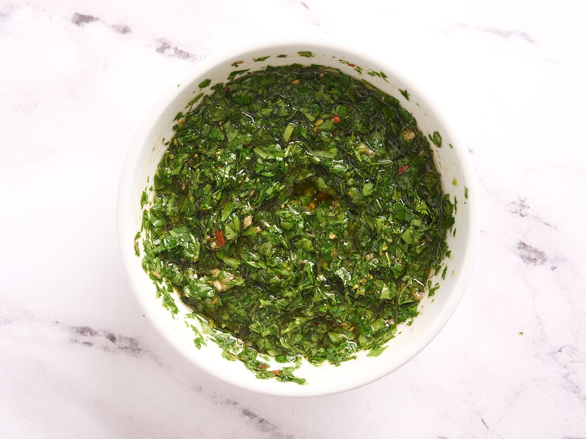 A finished bowl of chimichurri.