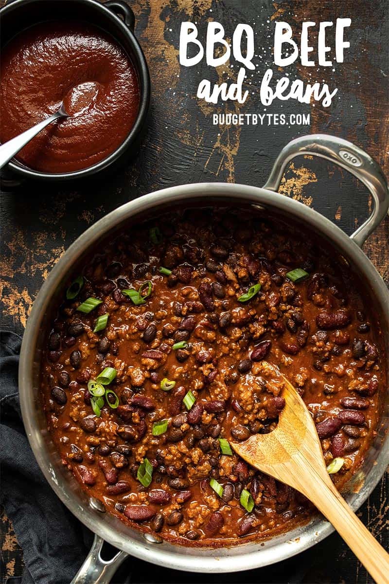 A full skillet of BBQ Beef and Beans with the title text overlay at the top.