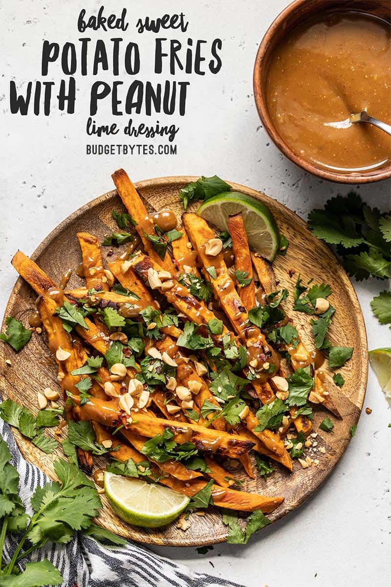 A large plate of bakes sweet potato fries drizzled with peanut lime dressing and topped with cilantro, peanuts, and red pepper.