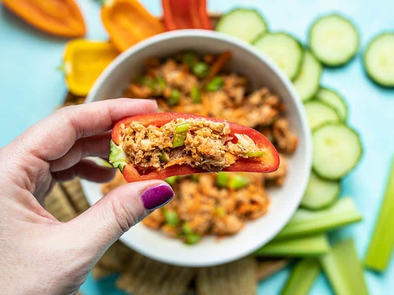 A mini sweet pepper filled with sweet and spicy tuna salad