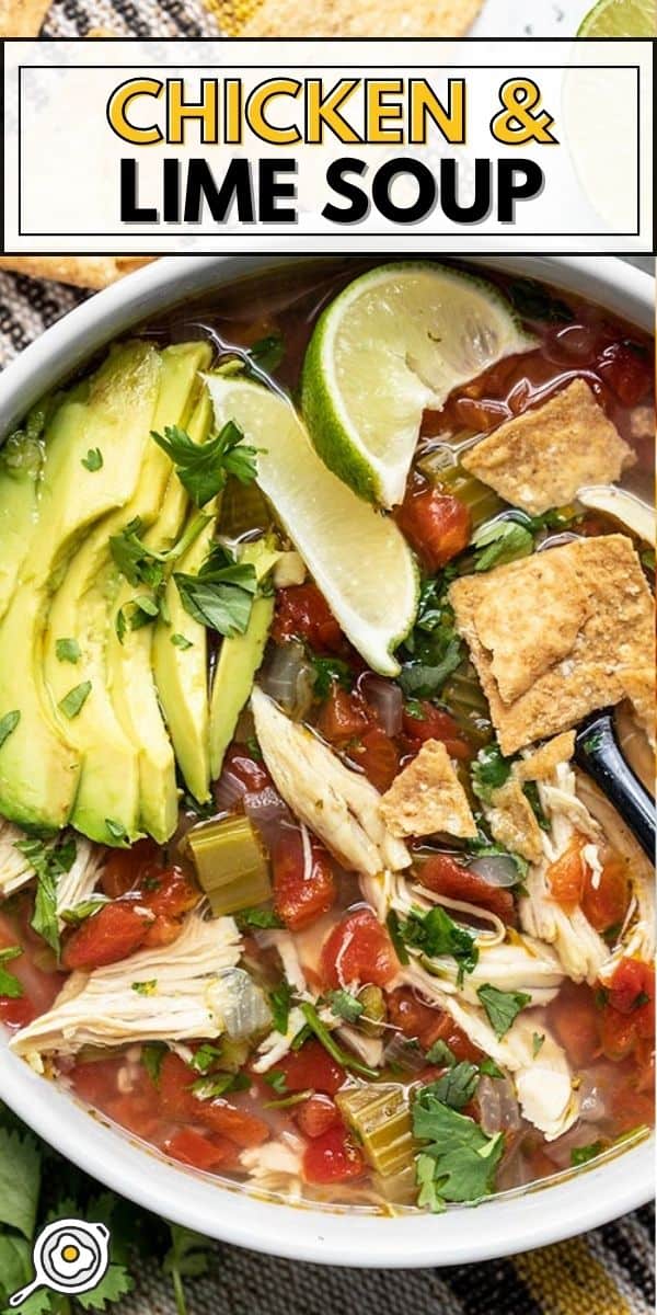 Close up overhead view of a bowl of chicken and lime soup.