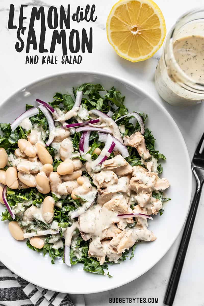 Overhead view of a Lemon Dill Salmon and Kale Salad with title text overlay at the top.