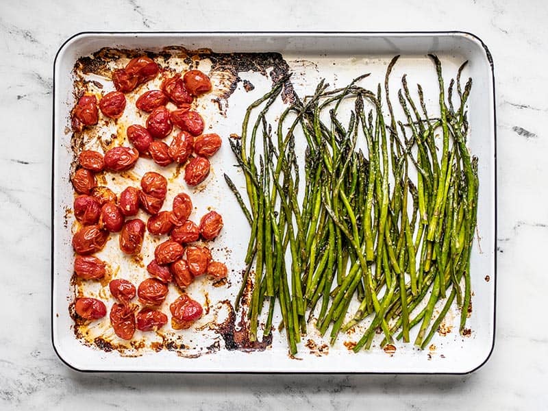 Asparagus and tomatoes after 35 minutes of roasting