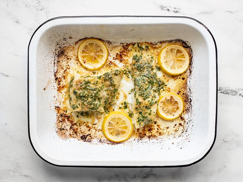Baked Garlic Butter Cod in the baking dish