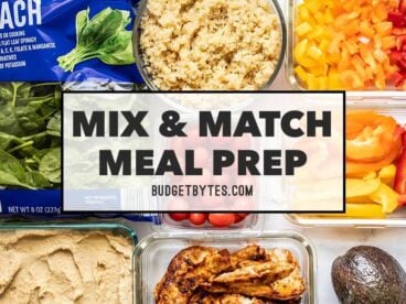 Meal prep ingredients with a title text box overlay.