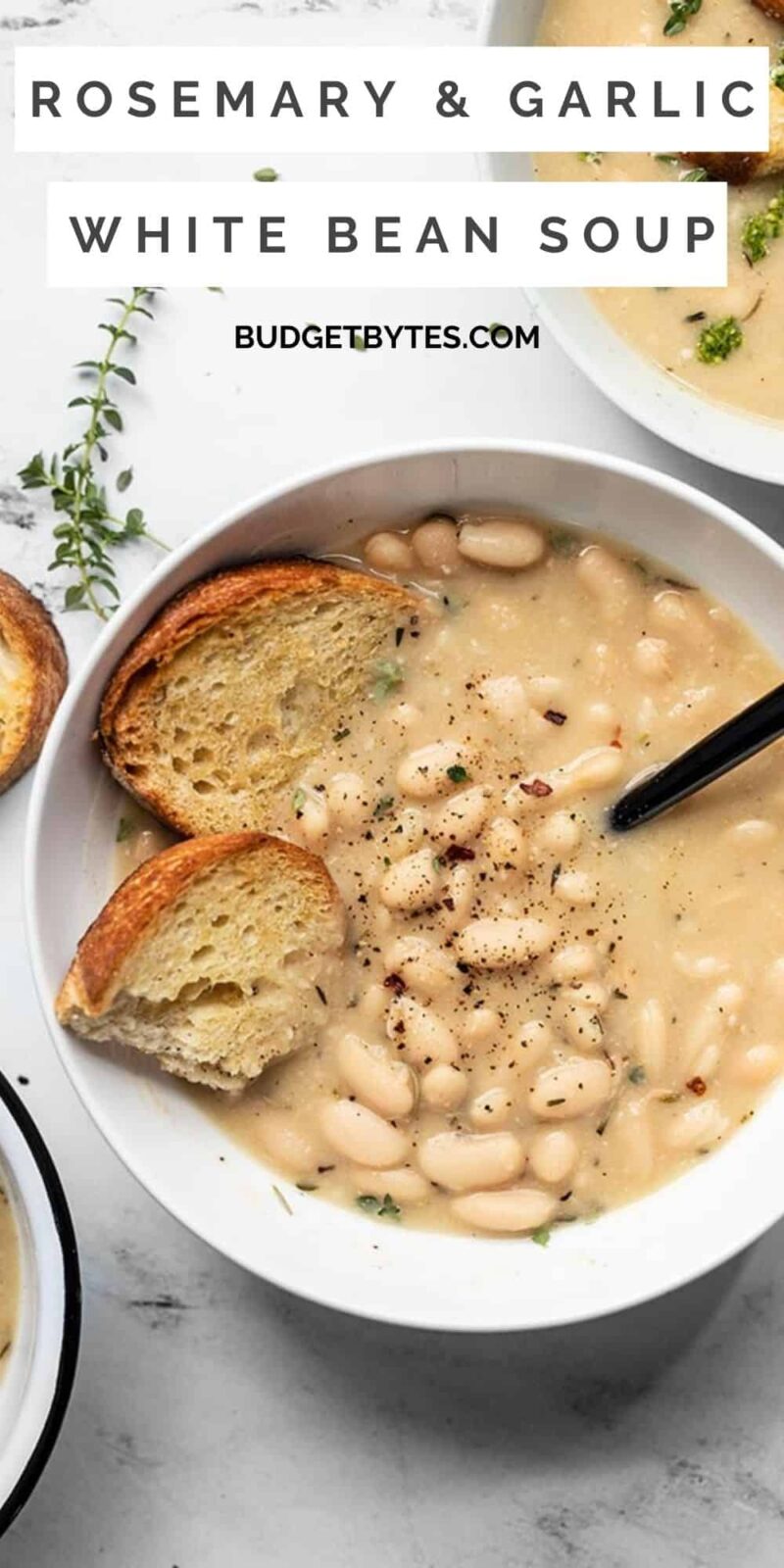 white bean soup with bread in the side of the bowl, title text at the top