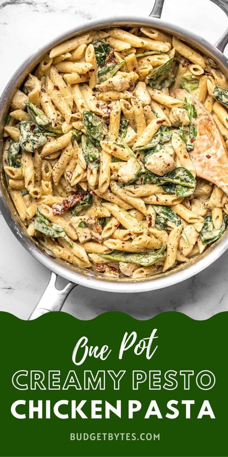 creamy pesto chicken pasta in the skillet, title text at the bottom