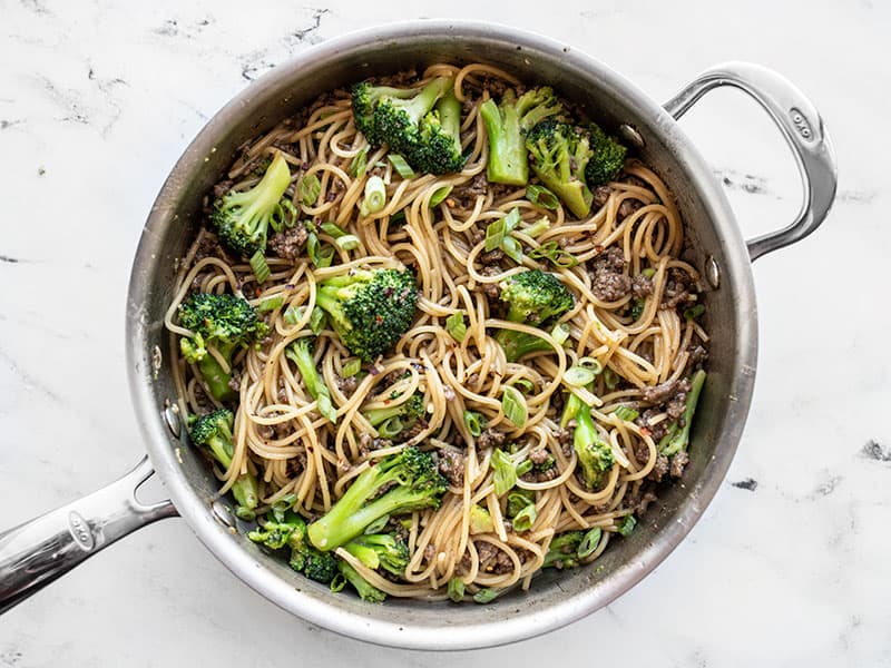 Finished Garlic Noodles with Beef and Broccoli in the skillet