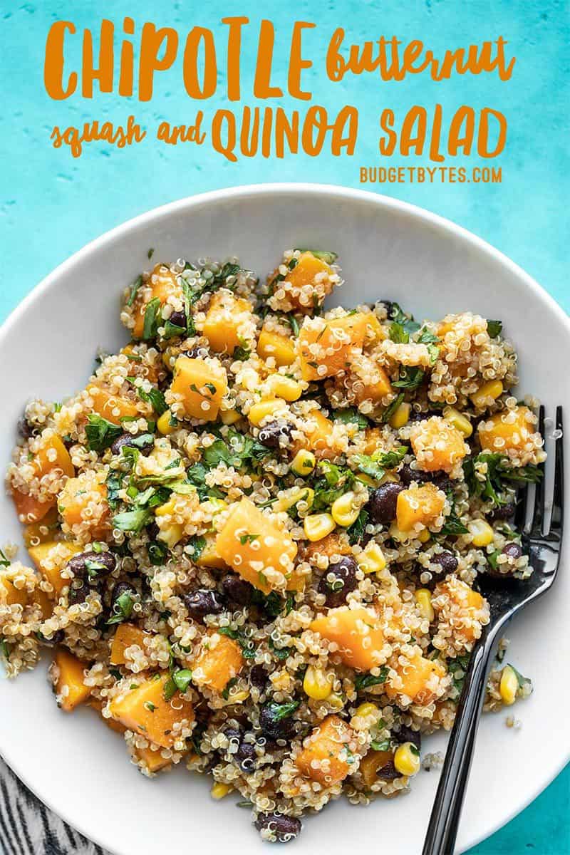 Overhead view of a bowl of Chipotle Butternut Squash and Quinoa Salad with title text overlay at the top