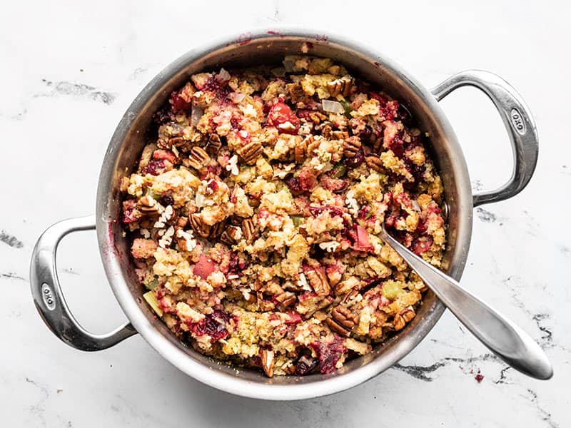 Finished Roasted Apple Cranberry Cornbread Stuffing in the pot