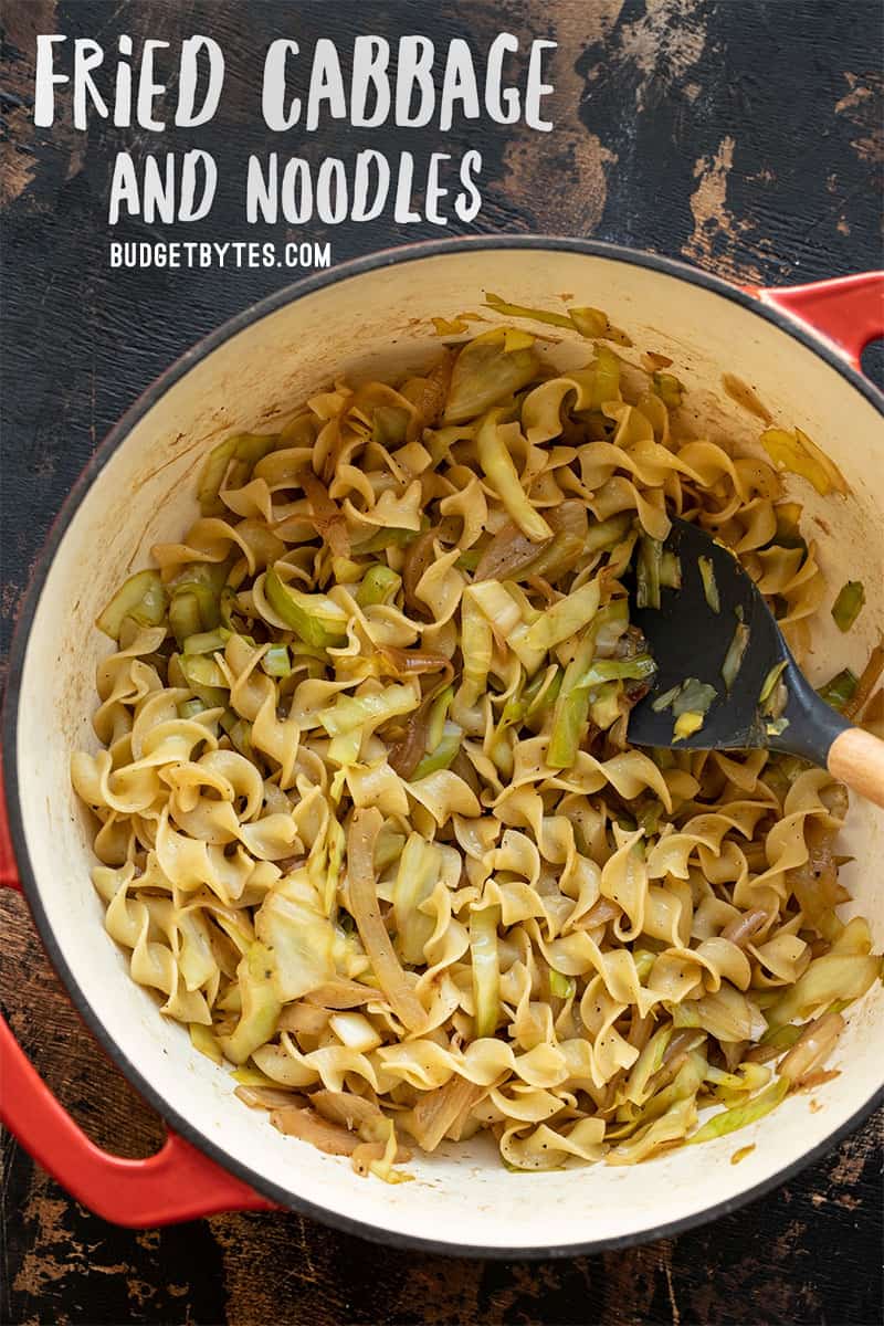 A large pot of Fried Cabbage and Noodles with a large spoon in the side