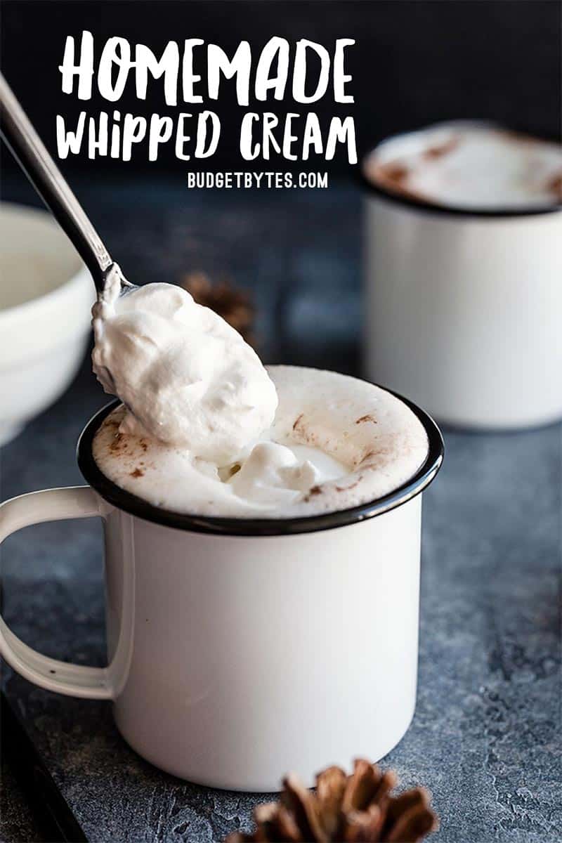 Homemade whipped cream being spooned onto hot cocoa, title text at the top