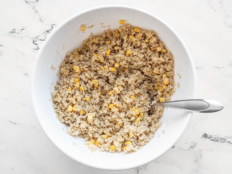 Quinoa and frozen corn in a bowl
