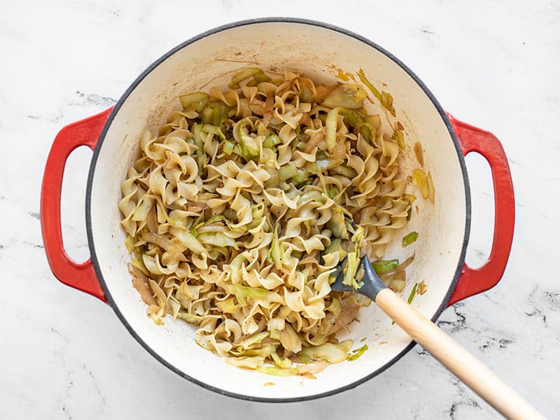 Finished fried cabbage and noodles in the pot with a spoon