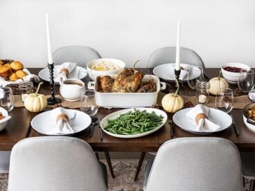 Side view of a simple Thanksgiving dinner table