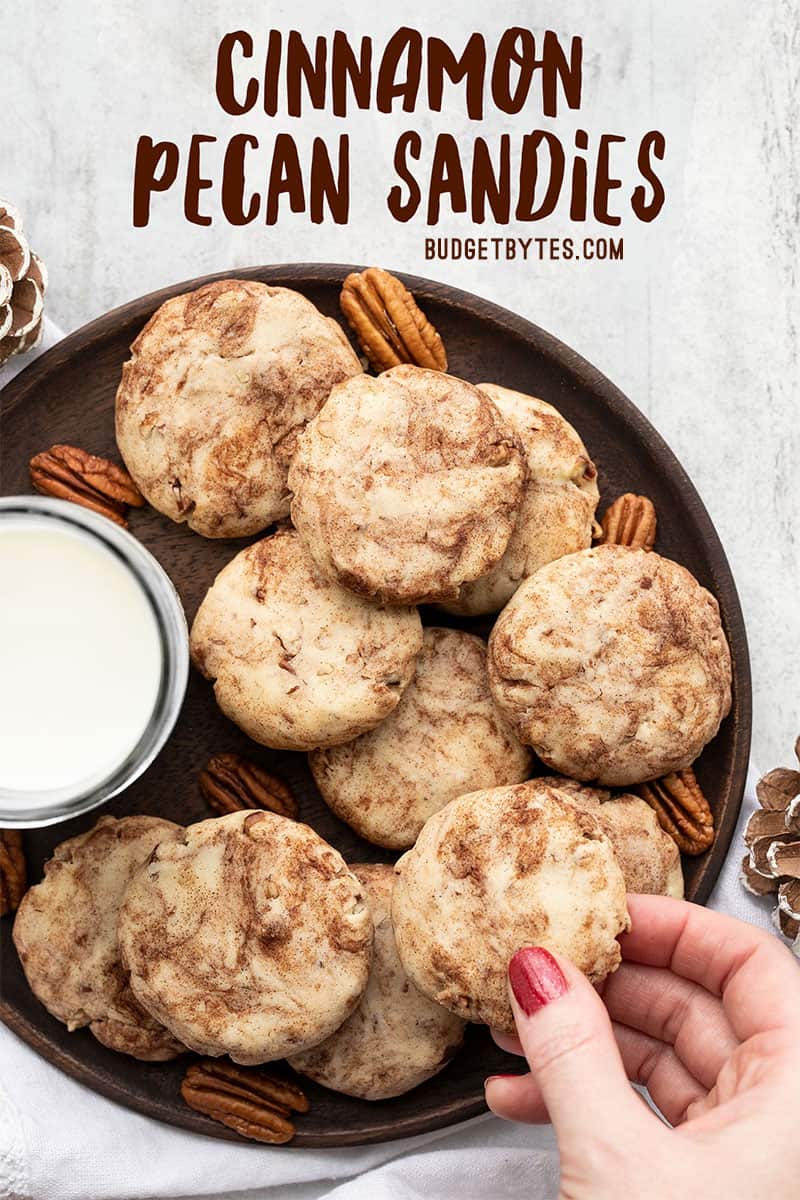 A plate full of Cinnamon Pecan Sandies with a glass of milk and a hand taking one cookie. Title text overlay at the top.