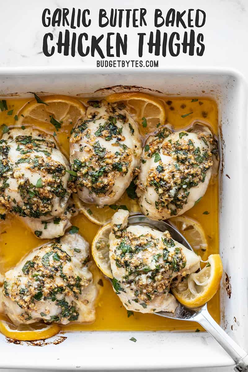 Garlic Butter Baked Chicken in a white casserole dish with title text overlay at the top