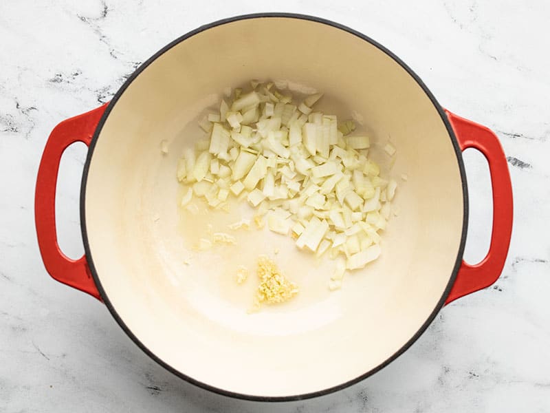 Diced onion and minced garlic in the soup pot