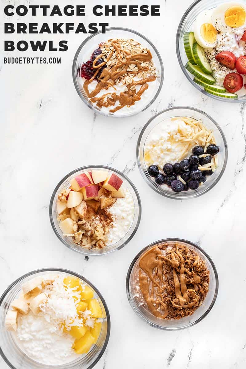 Six glass bowls with cottage cheese breakfast bowls inside, title text at the top