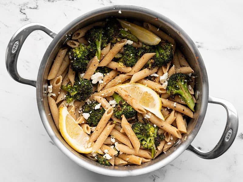 Finished pot of roasted broccoli pasta with lemon and feta