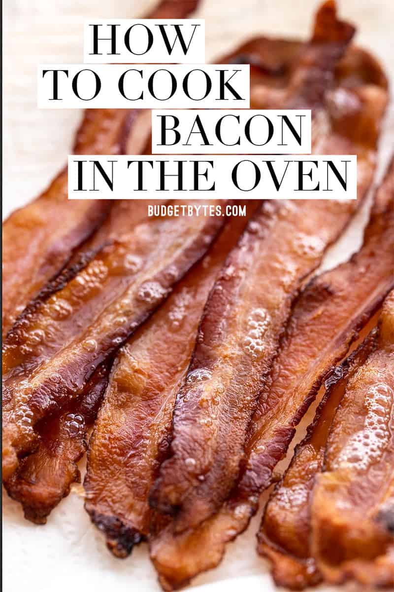 Several strips of bacon on a plate, title text overlay at the top