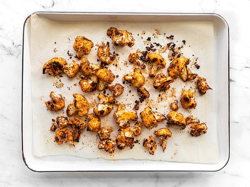 Roasted cauliflower on the baking sheet