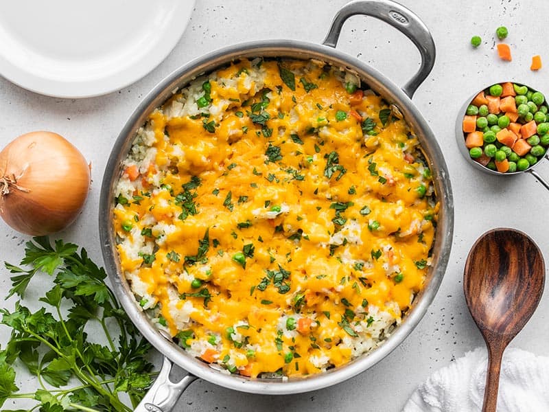 Finished Creamy Chicken and Rice Skillet garnished with parsley