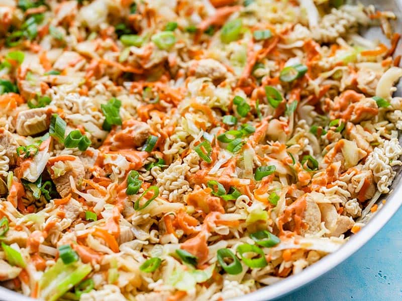 Close up of Crunchy Chicken Ramen Stir fry in the skillet