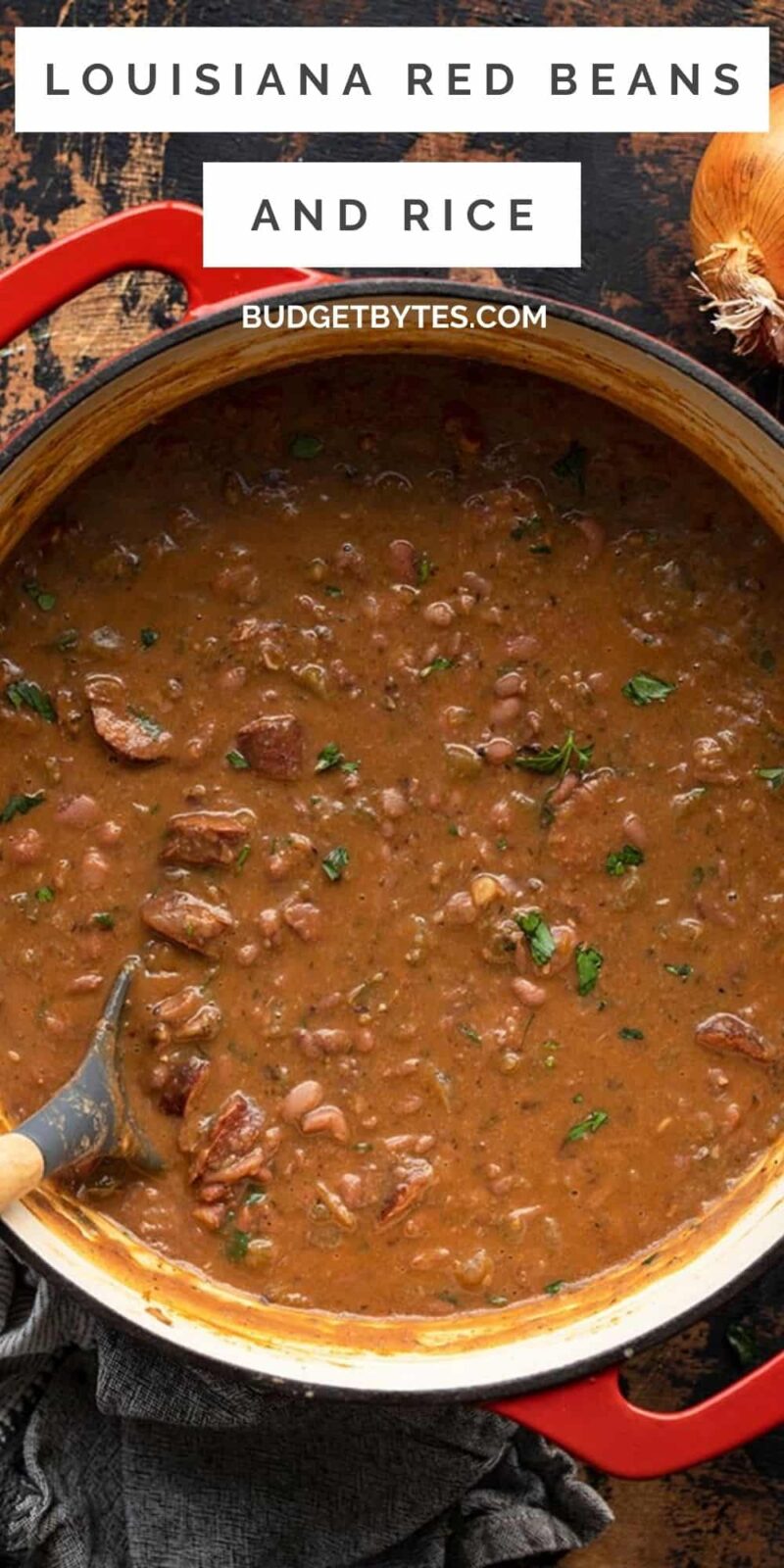 A pot of red beans and rice with the title text at the top