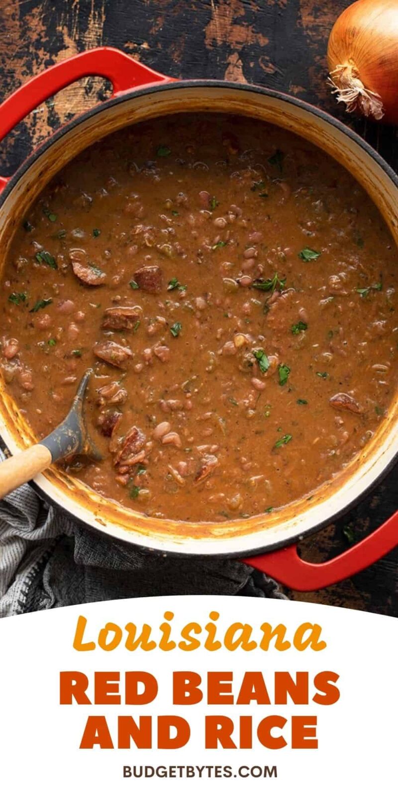 A pot of red beans and rice with title text at the bottom