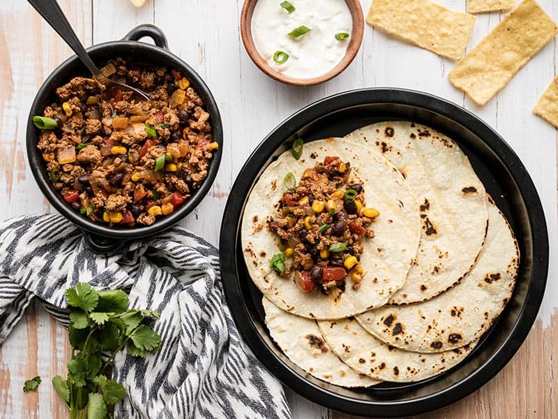 Turkey Taco Skillet served with toasted tortillas and sour cream