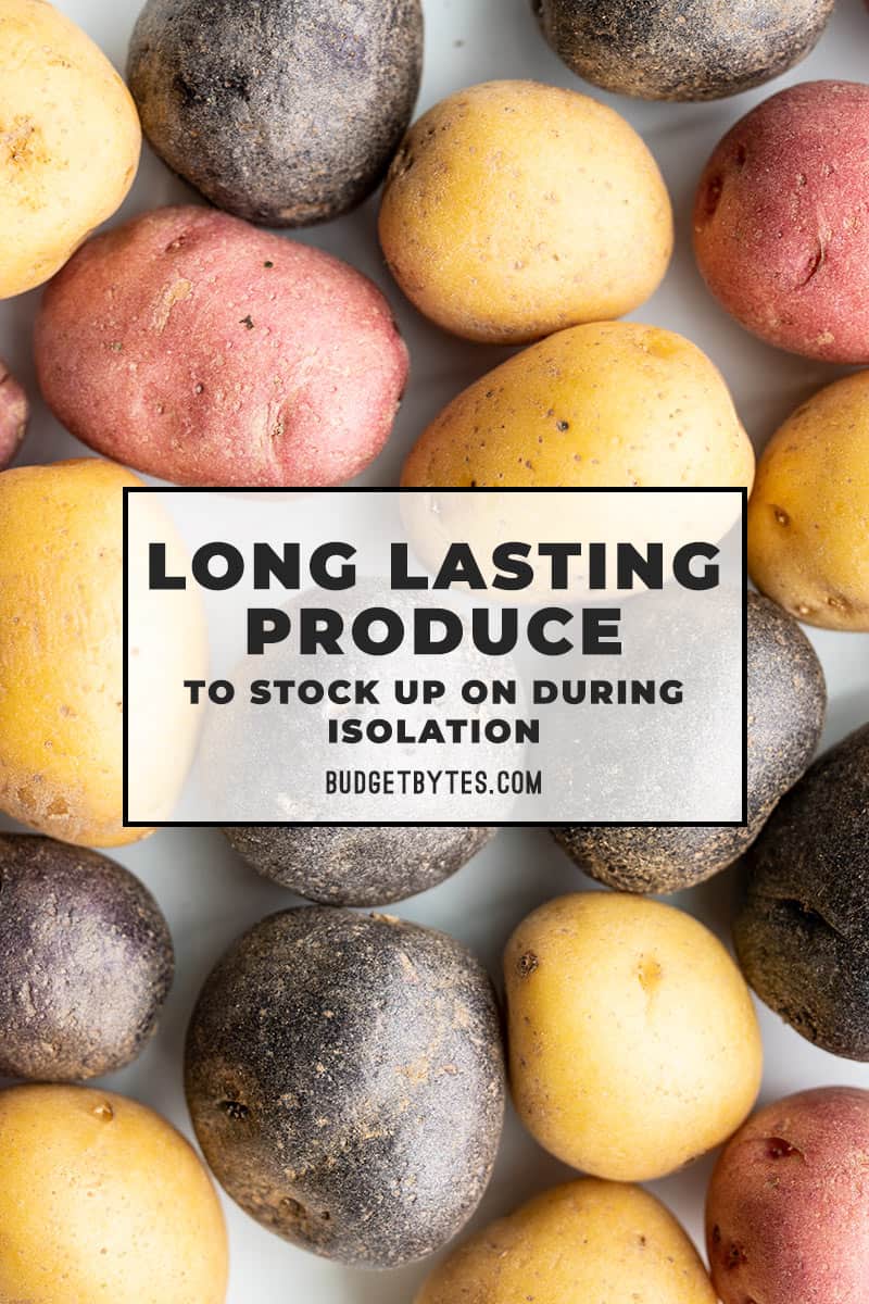 Close up image of tri-colored potatoes with title text overlay