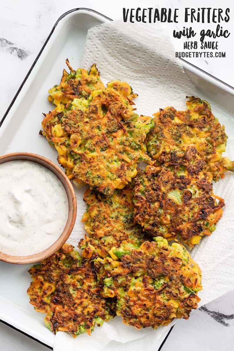 Overhead view of vegetable fritters with title text in the upper corner