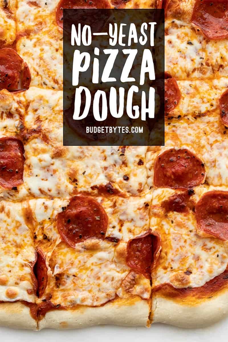 Close up overhead view of a rectangular pepperoni pizza with the title text in a black box at the top