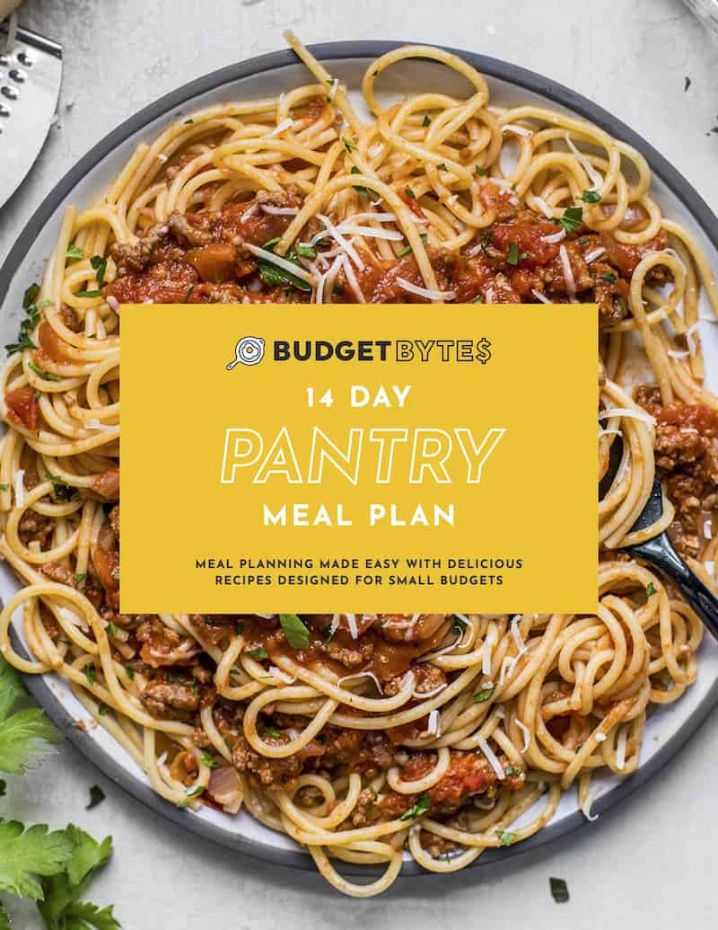 cover of pantry meal plan with spaghetti.