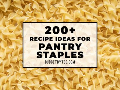 Close up image of dry pasta with title text overlay in the center