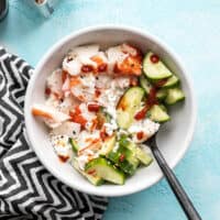 Overhead view of a Cottage Cheese Crab Bowl with a black fork in the side