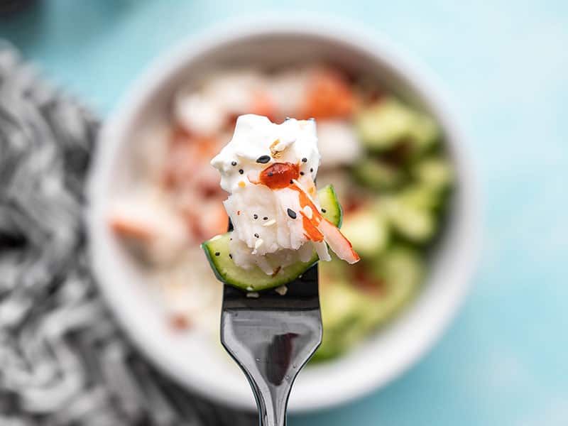 Close up of a bite of Cottage Cheese Crab Bowl on a fork