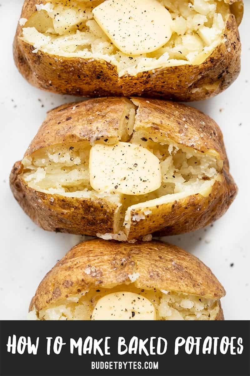 Overhead view of three baked potatoes lined up with butter and pepper, title text at the bottom